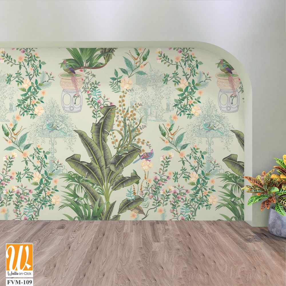 Vintage decorative garden seamless pattern for wallpaper. Traditional flower and bird Chinoiserie illustration for background [WP-FVM-109]