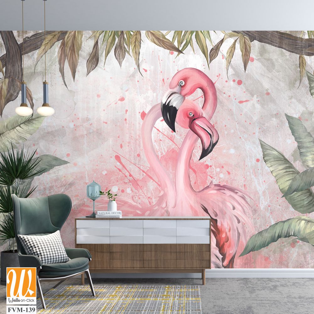 Watercolor painting of pink flamingos in the jungle [WP-FVM-139]
