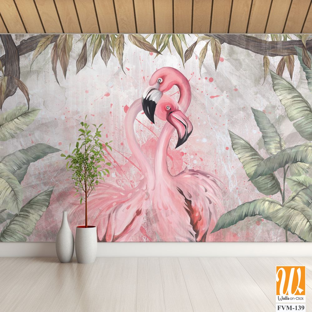 Watercolor painting of pink flamingos in the jungle [WP-FVM-139]