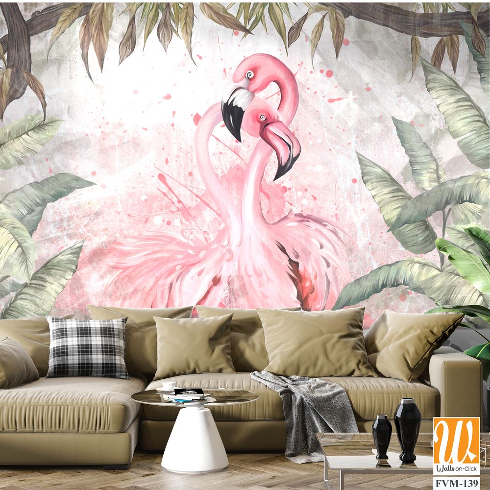 Watercolor painting of pink flamingos in the jungle [WP-FVM-139]