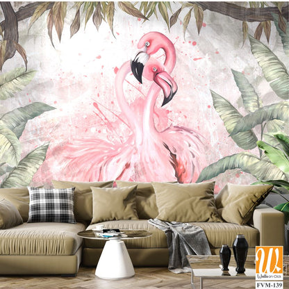 Watercolor painting of pink flamingos in the jungle [WP-FVM-139]