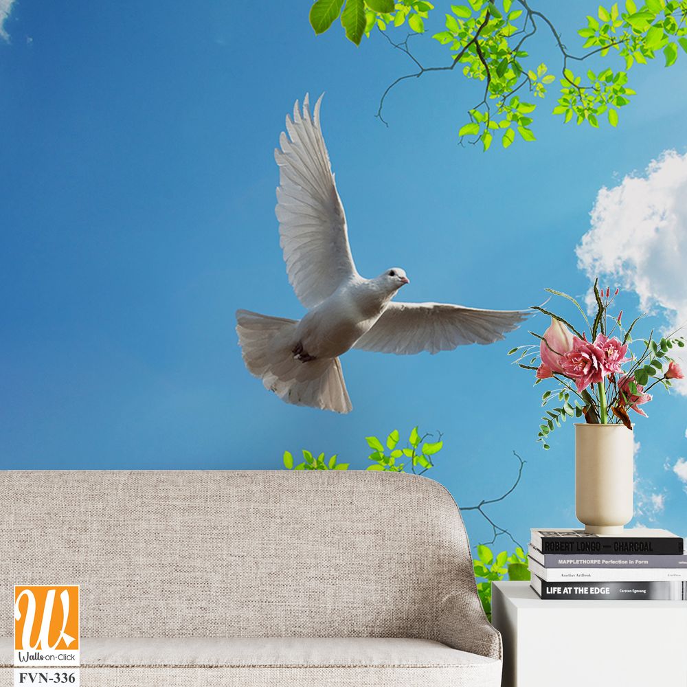 3D wallpaper of a white dove flying in the blue sky [WP-FVN-336]