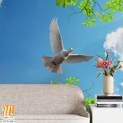 3D wallpaper of a white dove flying in the blue sky [WP-FVN-336]