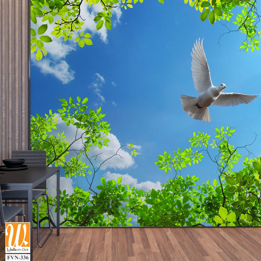 3D wallpaper of a white dove flying in the blue sky [WP-FVN-336]