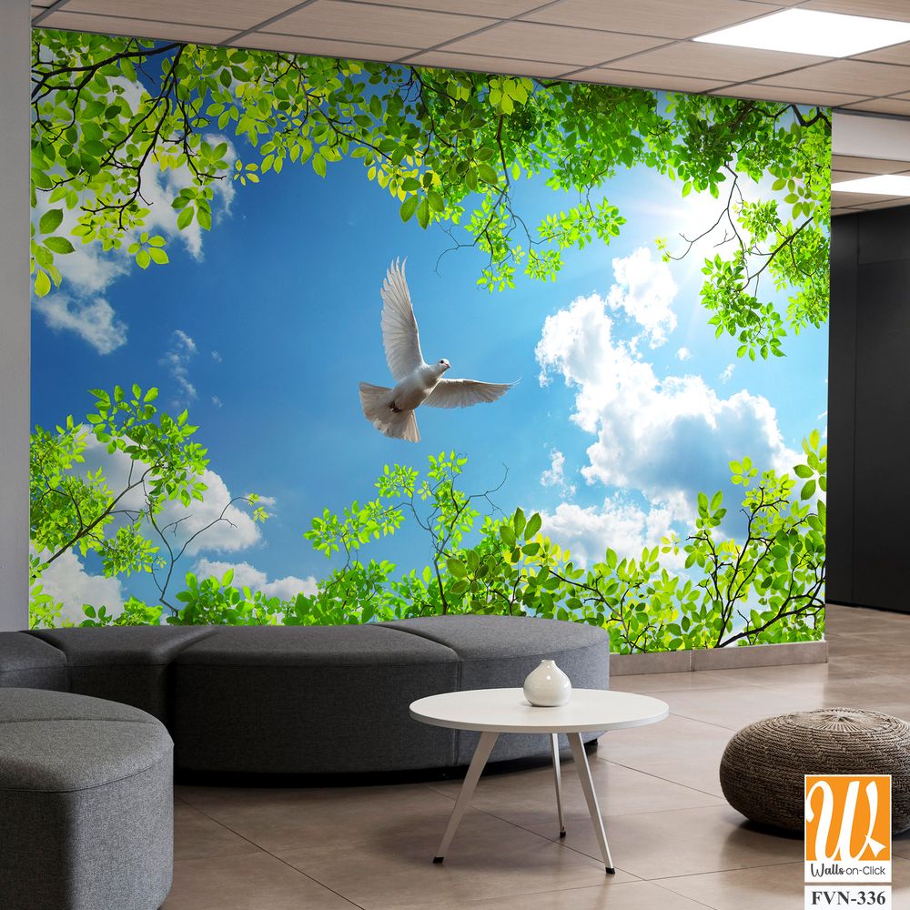 3D wallpaper of a white dove flying in the blue sky [WP-FVN-336]