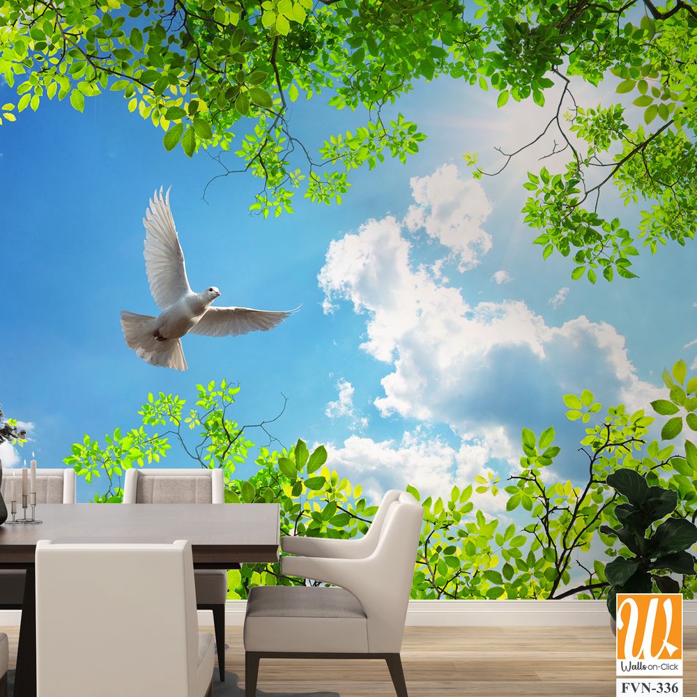 3D wallpaper of a white dove flying in the blue sky [WP-FVN-336]
