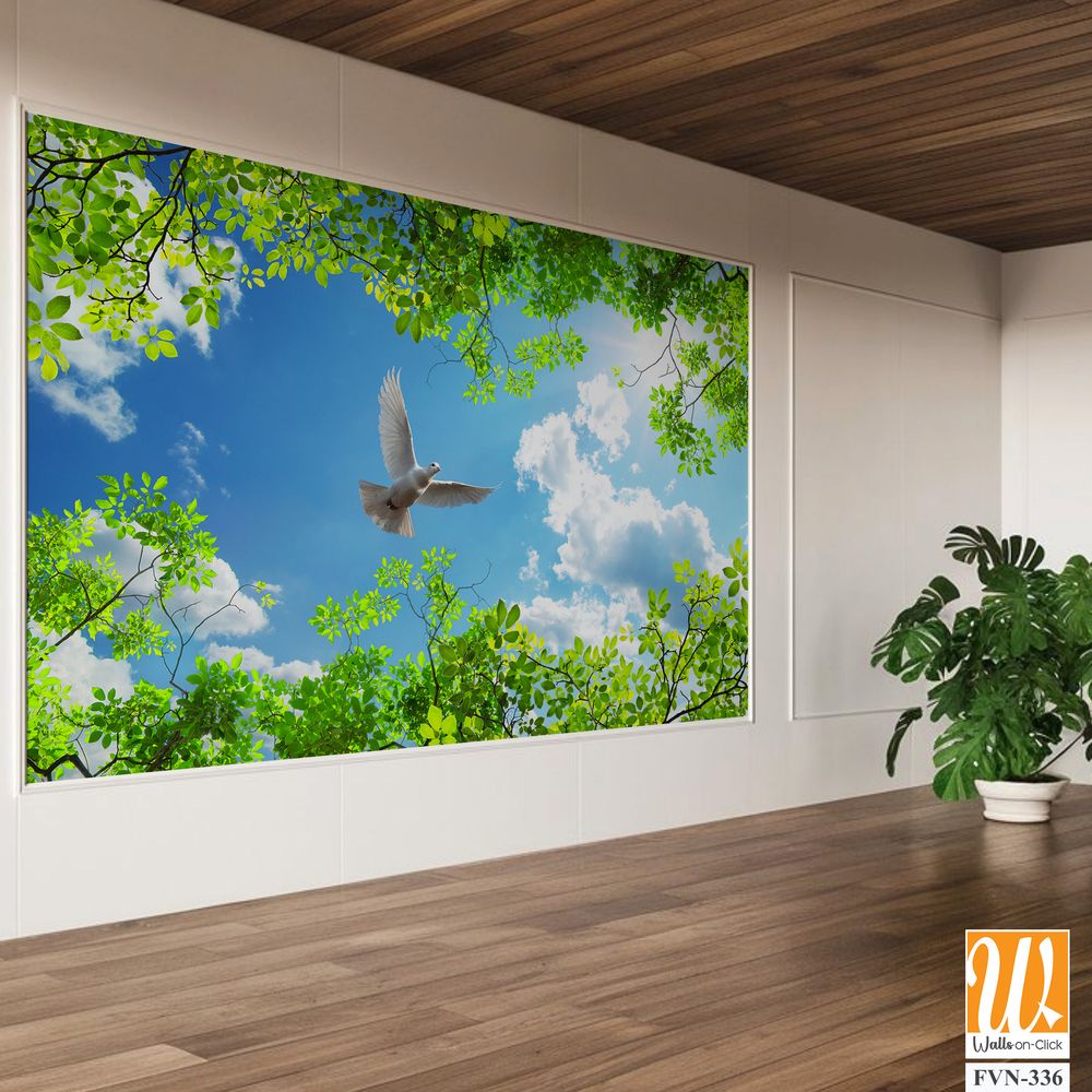 3D wallpaper of a white dove flying in the blue sky [WP-FVN-336]