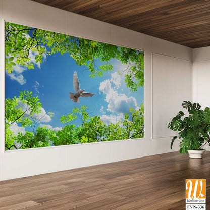 3D wallpaper of a white dove flying in the blue sky [WP-FVN-336]