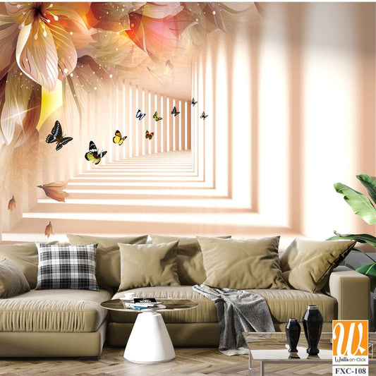 3D wallpaper, white corridor with flowers and butterflies [WP-FXC-108]