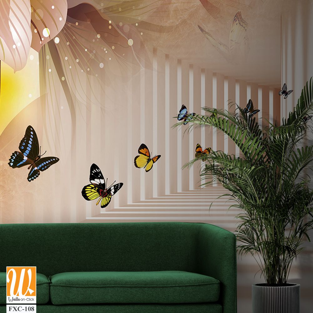 3D wallpaper, white corridor with flowers and butterflies [WP-FXC-108]