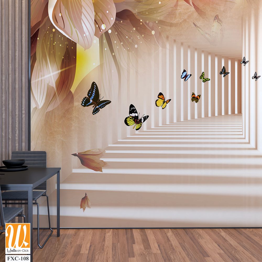 3D wallpaper, white corridor with flowers and butterflies [WP-FXC-108]
