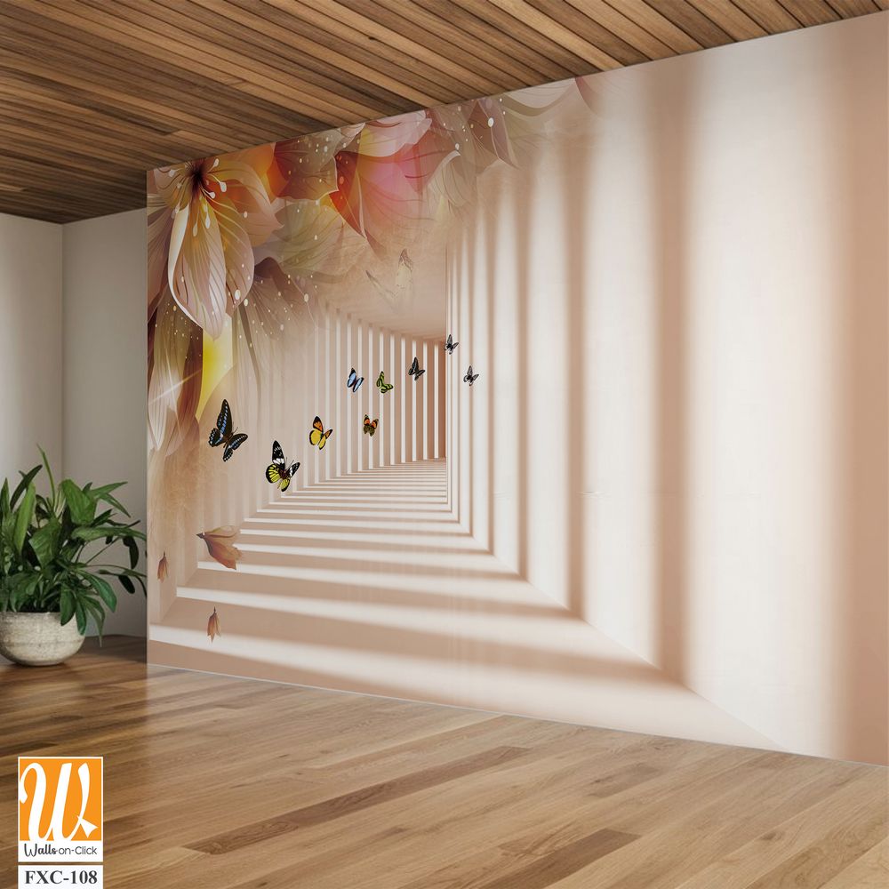 3D wallpaper, white corridor with flowers and butterflies [WP-FXC-108]