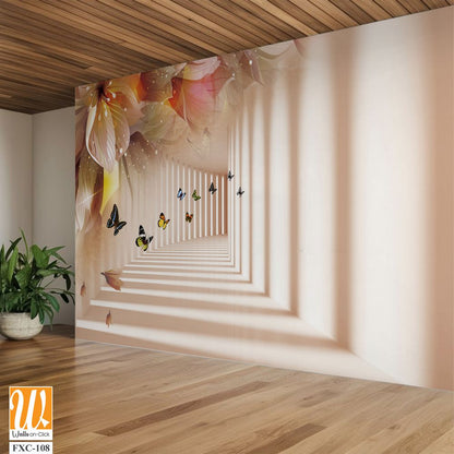 3D wallpaper, white corridor with flowers and butterflies [WP-FXC-108]