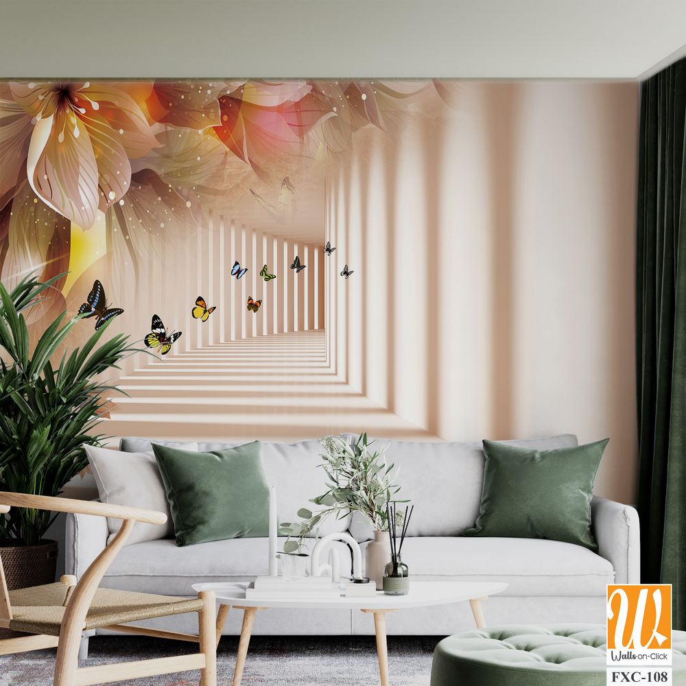 3D wallpaper, white corridor with flowers and butterflies [WP-FXC-108]
