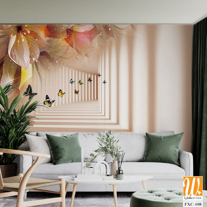 3D wallpaper, white corridor with flowers and butterflies [WP-FXC-108]