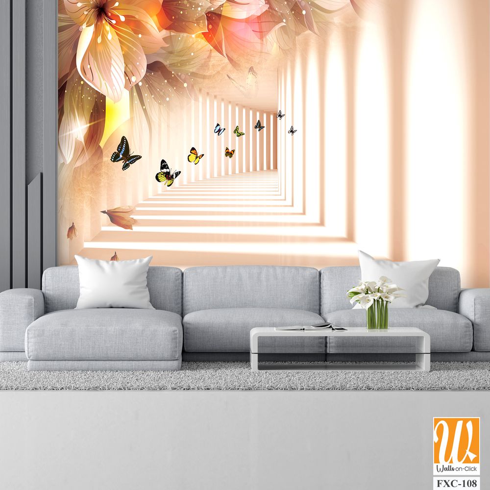 3D wallpaper, white corridor with flowers and butterflies [WP-FXC-108]