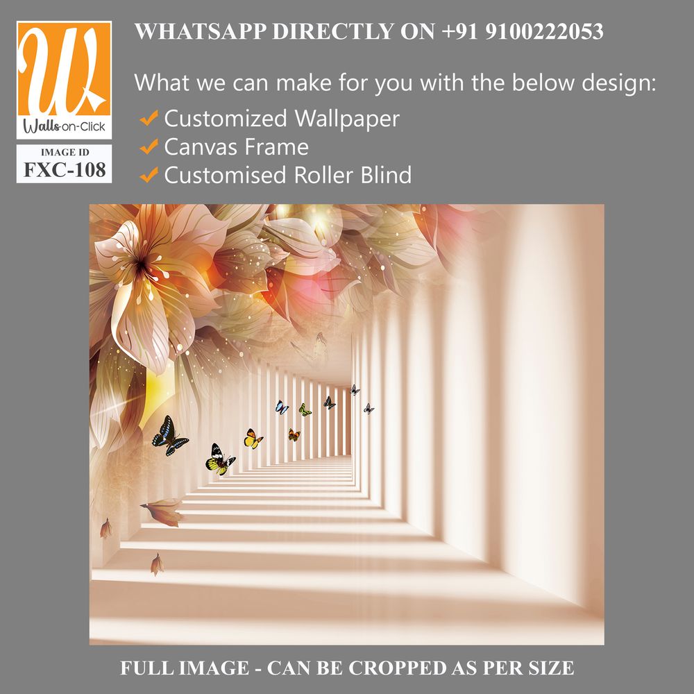 3D wallpaper, white corridor with flowers and butterflies [WP-FXC-108]