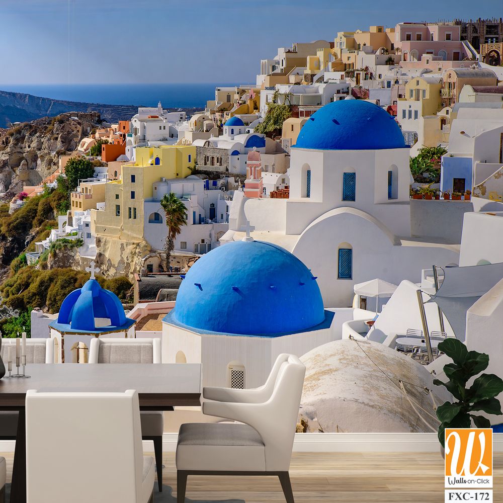 Santorini, Greece, featuring white buildings and blue domes Wallpaper [WP-FXC-172]