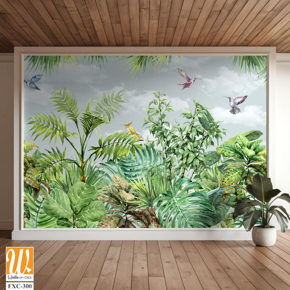 Tropical trees wallpaper design, garden background, landscapes view, mural art. [WP-FXC-300]
