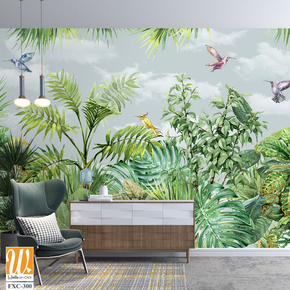 Tropical trees wallpaper design, garden background, landscapes view, mural art. [WP-FXC-300]