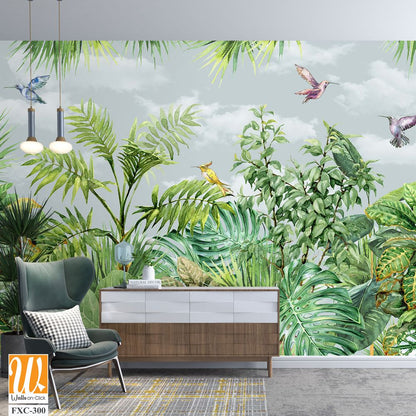 Tropical trees wallpaper design, garden background, landscapes view, mural art. [WP-FXC-300]