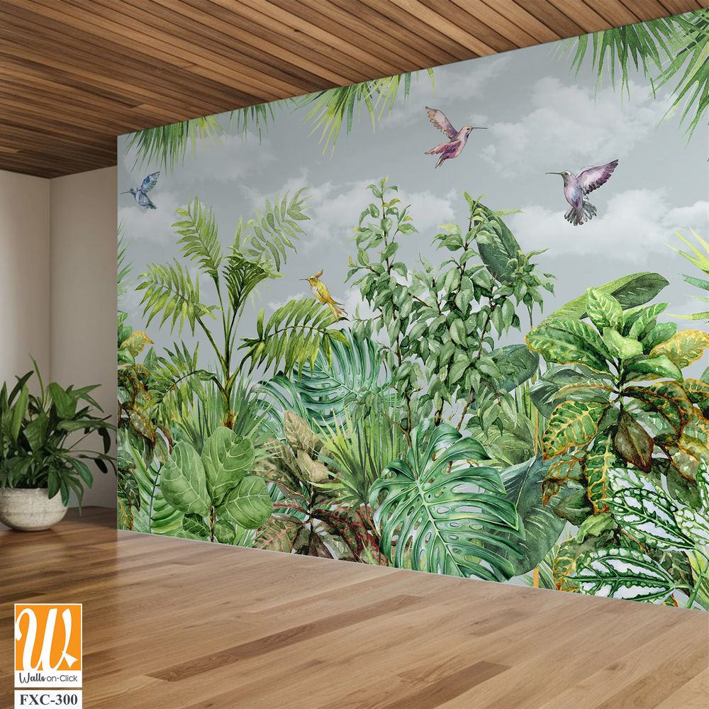 Tropical trees wallpaper design, garden background, landscapes view, mural art. [WP-FXC-300]