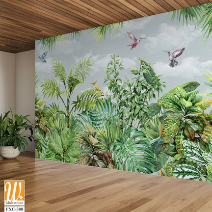 Tropical trees wallpaper design, garden background, landscapes view, mural art. [WP-FXC-300]