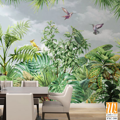 Tropical trees wallpaper design, garden background, landscapes view, mural art. [WP-FXC-300]
