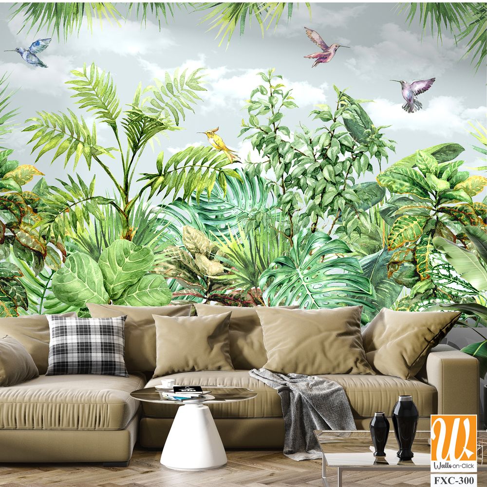 Tropical trees wallpaper design, garden background, landscapes view, mural art. [WP-FXC-300]