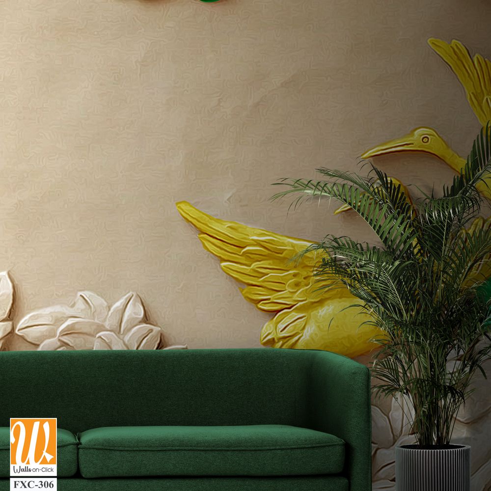 3D carved relief wall of two cranes Wallpaper [WP-FXC-306]