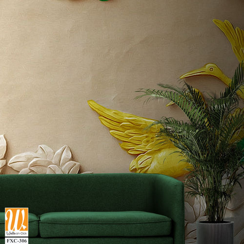 3D carved relief wall of two cranes Wallpaper [WP-FXC-306]