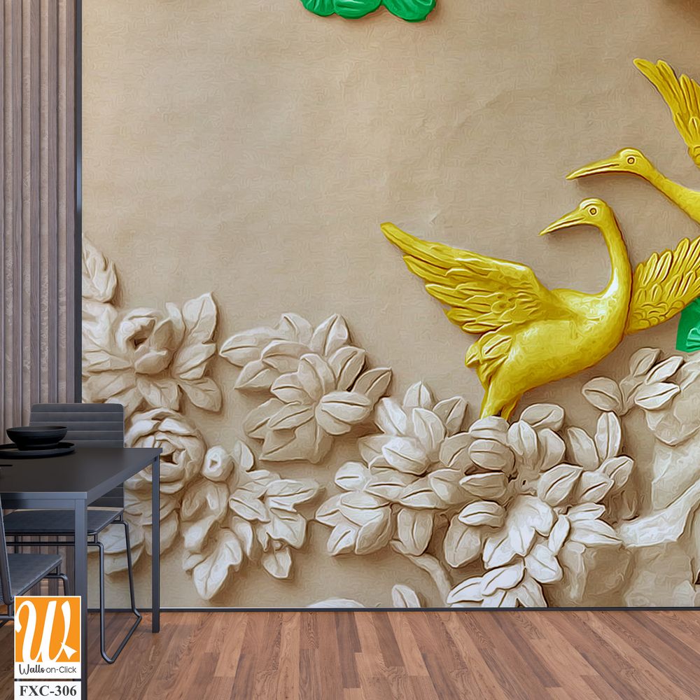 3D carved relief wall of two cranes Wallpaper [WP-FXC-306]