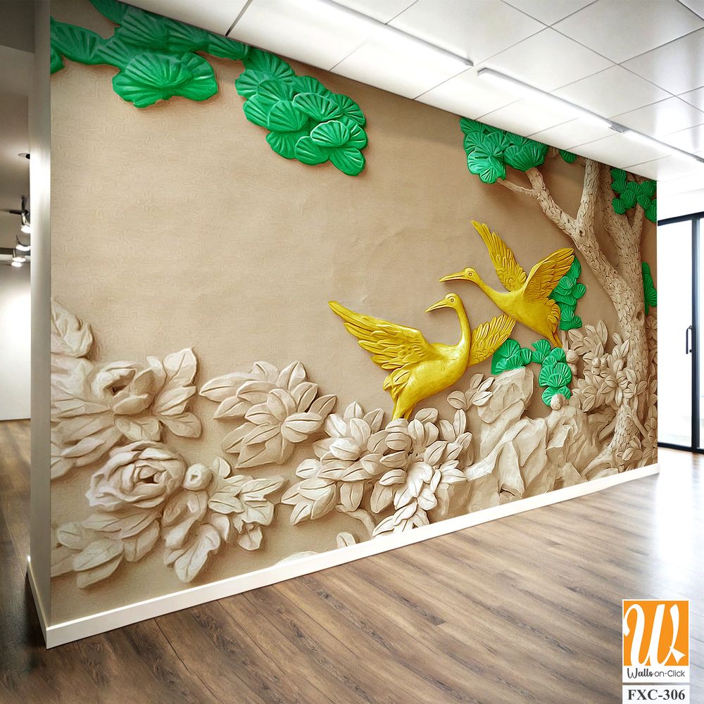 3D carved relief wall of two cranes Wallpaper [WP-FXC-306]