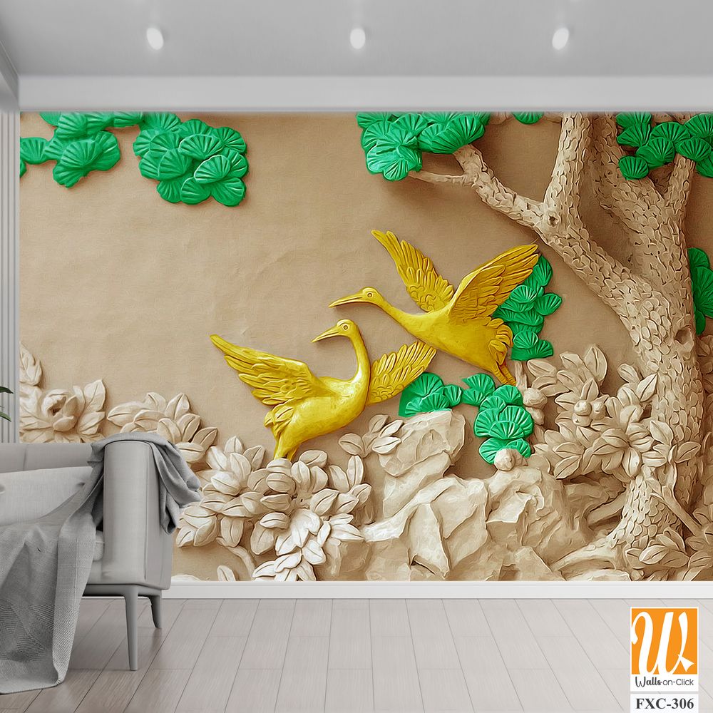 3D carved relief wall of two cranes Wallpaper [WP-FXC-306]