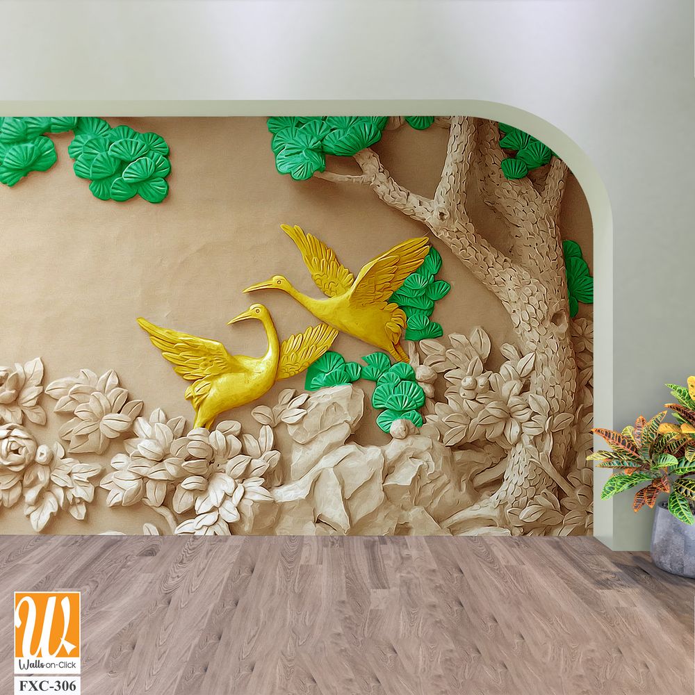 3D carved relief wall of two cranes Wallpaper [WP-FXC-306]