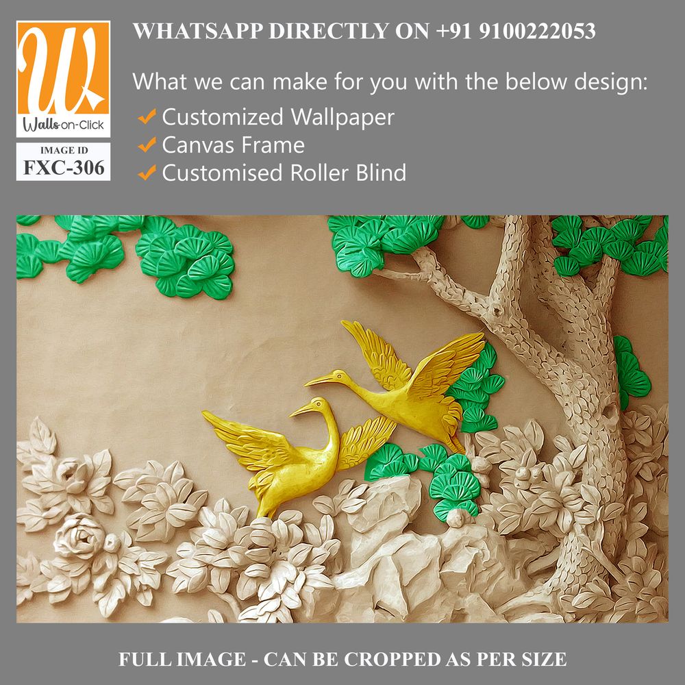 3D carved relief wall of two cranes Wallpaper [WP-FXC-306]
