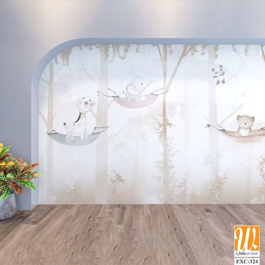 Cute cartoon animals hanging on tree branches Wallpaper [WP-FXC-324]