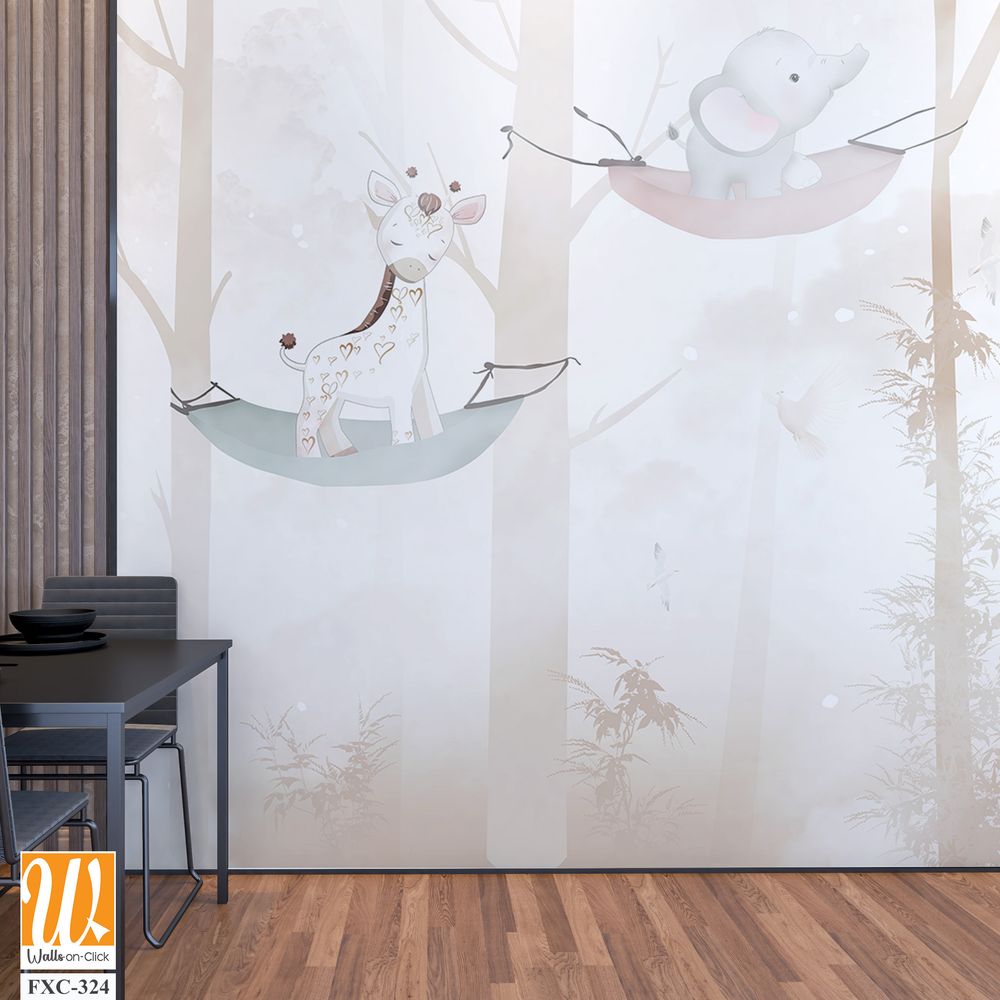 Cute cartoon animals hanging on tree branches Wallpaper [WP-FXC-324]