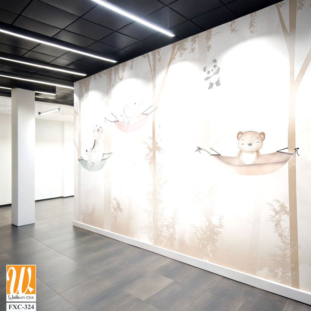 Cute cartoon animals hanging on tree branches Wallpaper [WP-FXC-324]