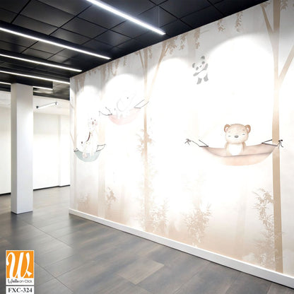 Cute cartoon animals hanging on tree branches Wallpaper [WP-FXC-324]