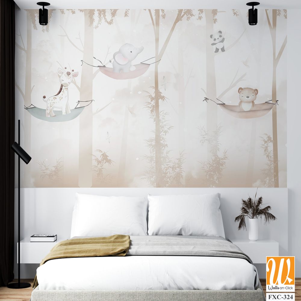 Cute cartoon animals hanging on tree branches Wallpaper [WP-FXC-324]