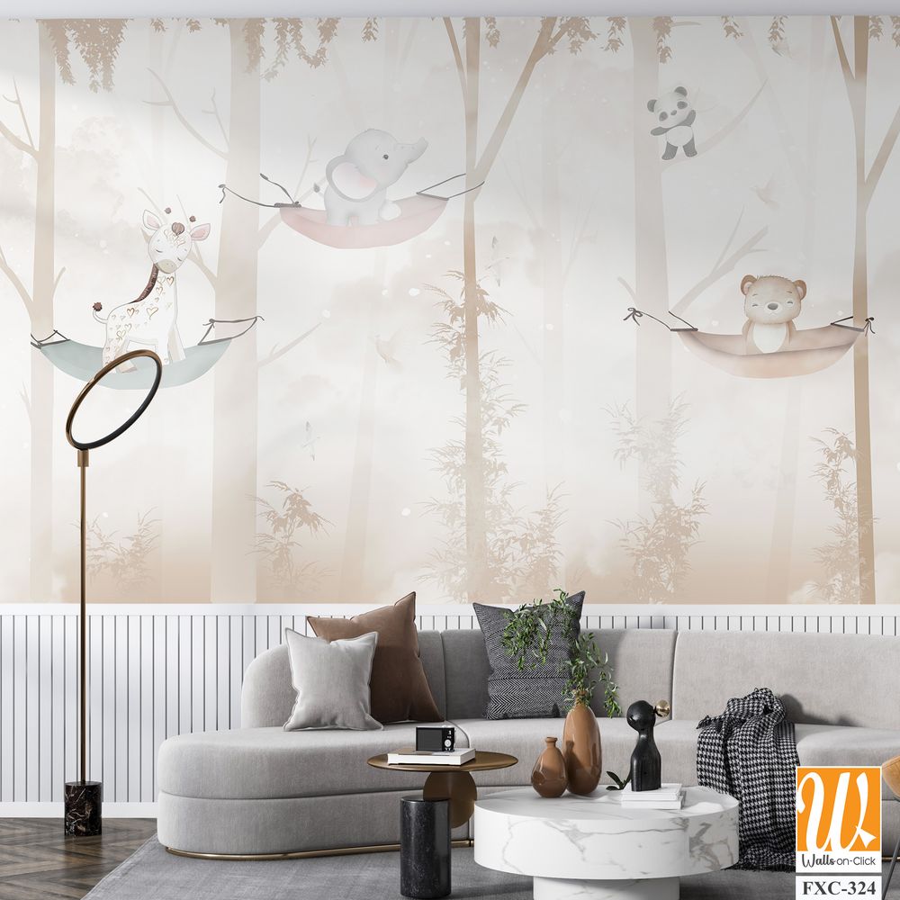 Cute cartoon animals hanging on tree branches Wallpaper [WP-FXC-324]
