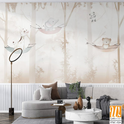 Cute cartoon animals hanging on tree branches Wallpaper [WP-FXC-324]