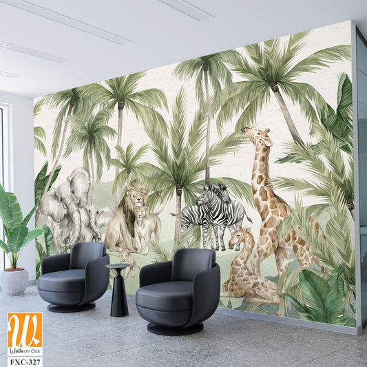 Watercolor jungle-themed wallpaper with animals [WP-FXC-327]