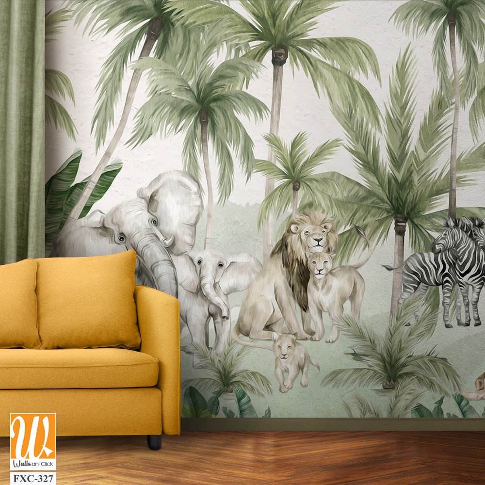 Watercolor jungle-themed wallpaper with animals [WP-FXC-327]