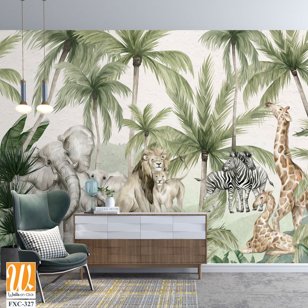 Watercolor jungle-themed wallpaper with animals [WP-FXC-327]
