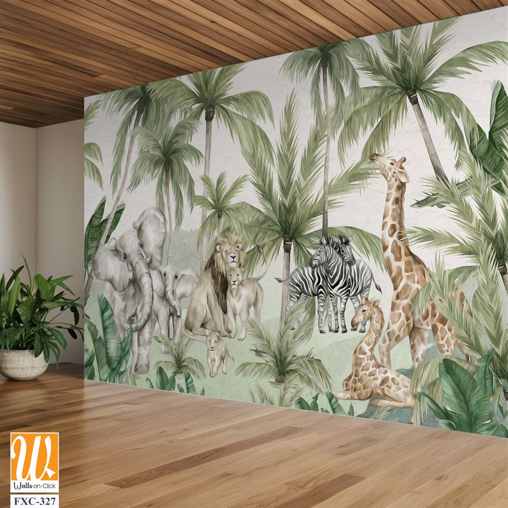 Watercolor jungle-themed wallpaper with animals [WP-FXC-327]