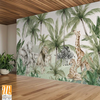 Watercolor jungle-themed wallpaper with animals [WP-FXC-327]