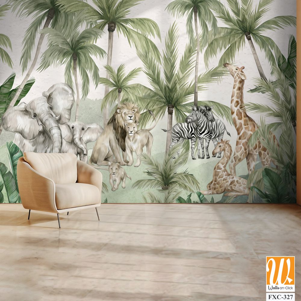 Watercolor jungle-themed wallpaper with animals [WP-FXC-327]