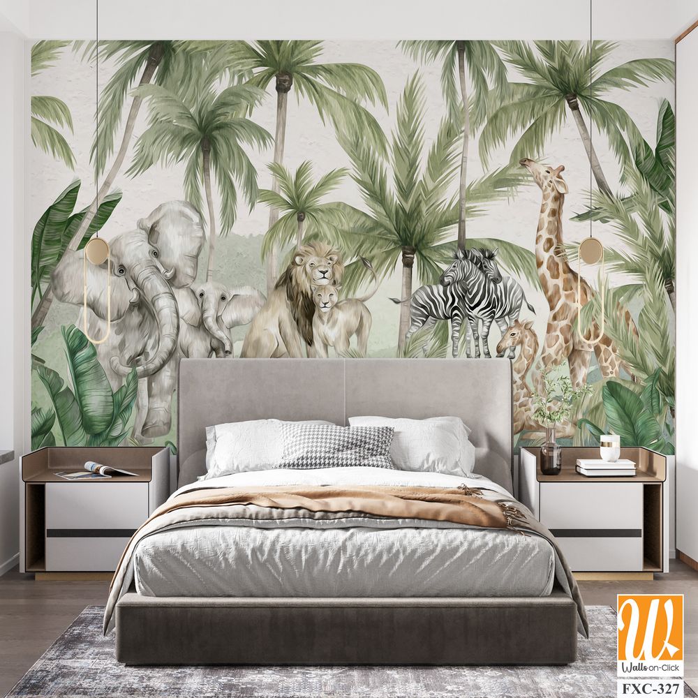 Watercolor jungle-themed wallpaper with animals [WP-FXC-327]